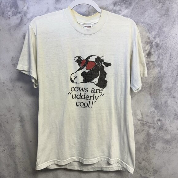 Vintage 80s Cow Art T Shirt Large 18x25 White "Udderly Cool" Funny USA - Picture 1 of 10